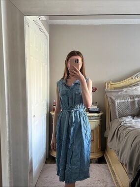 Calvin Klein Sleeveless Button Down Blue Denim Tie-Waist Midi Dress